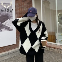 diamond lattice v neck sweater 2021 autumn winter korean fashion baggy long sleeves oversized knitted cashmere sweater lazy tops