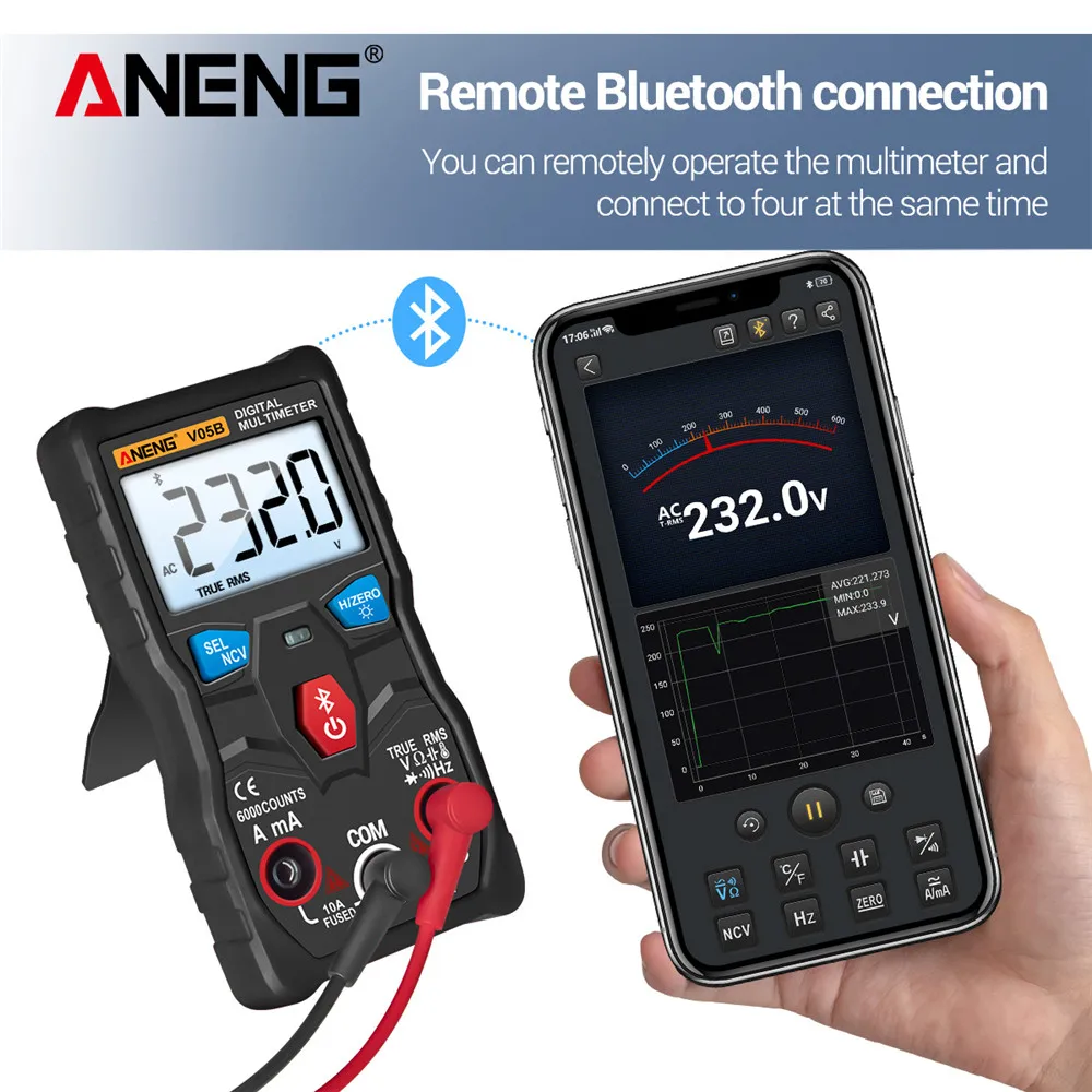 Цифровой профессиональный аналоговый мультиметр V05B, Bluetooth, 6000 отсчетов, переменный/постоянный ток, миниатюрные тесты напряжения ers True RMS, мультиметр