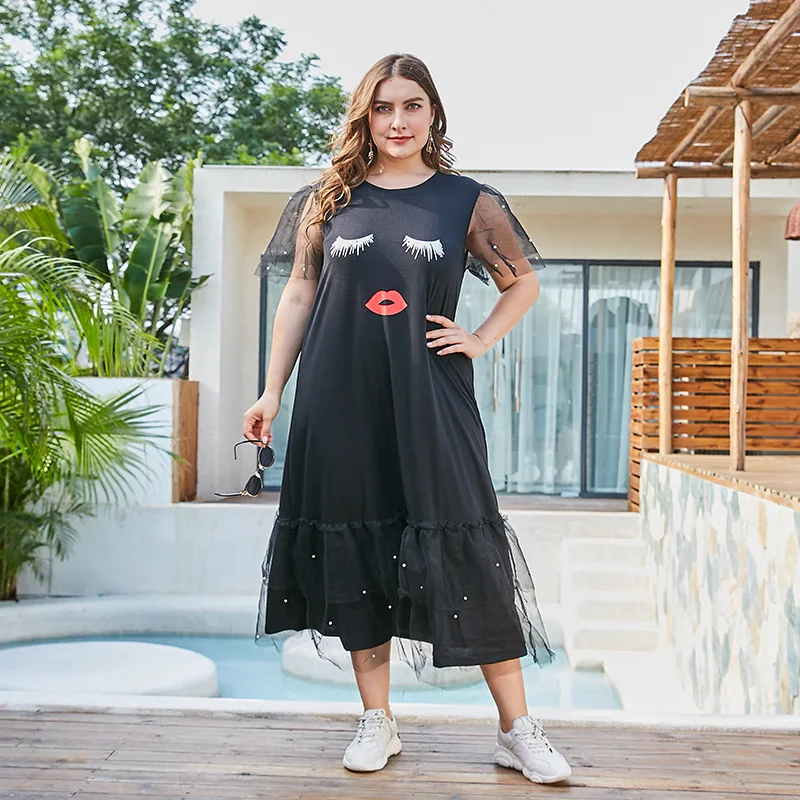 Новое летнее платье средней длины большого размера для женщин с коротким рукавом