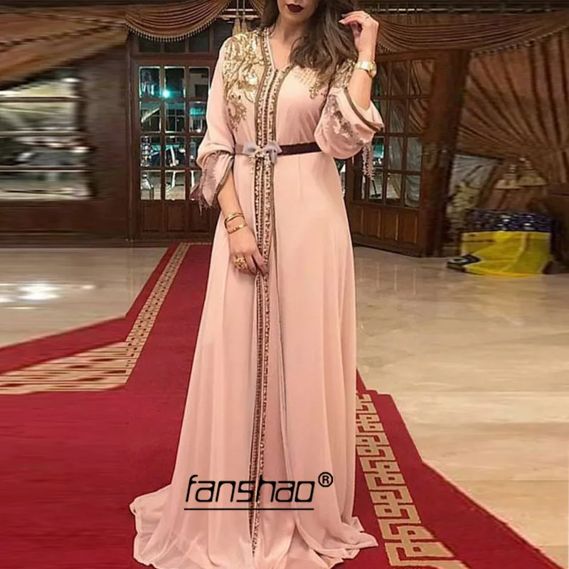 Праздничное платье из персикового шифона марокканский кафтан с длинным рукавом