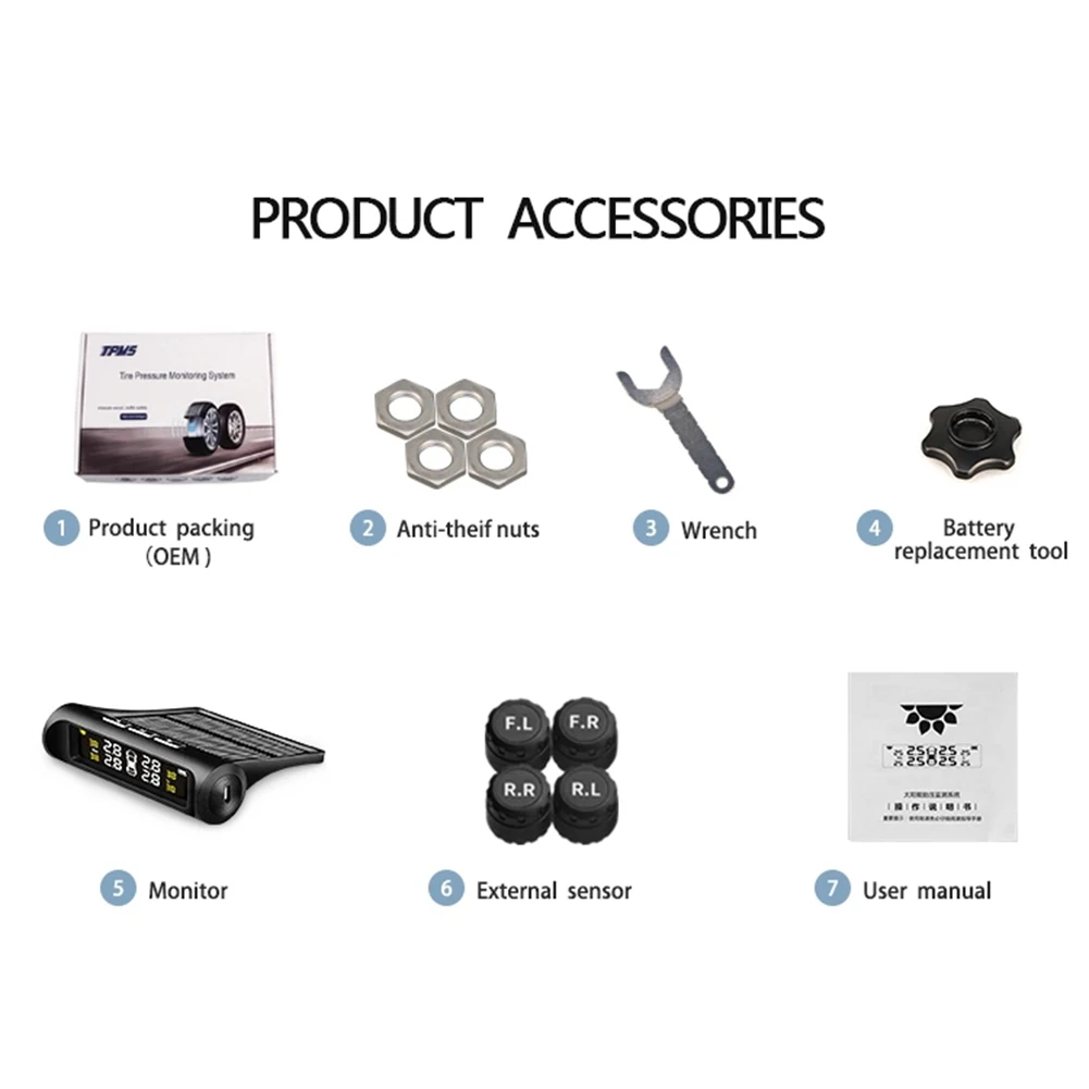 

VODOOL AN001 Solar Wireless Car TPMS Tire Pressure Monitoring System LCD Display Tyre Pressure Temperature Alarm With 4 Sensors