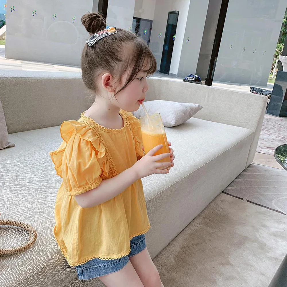 

Fashion Korean Style Cute Baby Girls T-Shirt Ruffles Short Sleeve Shirts Pure Color Kids Tops Outwear Summer Children Clothing
