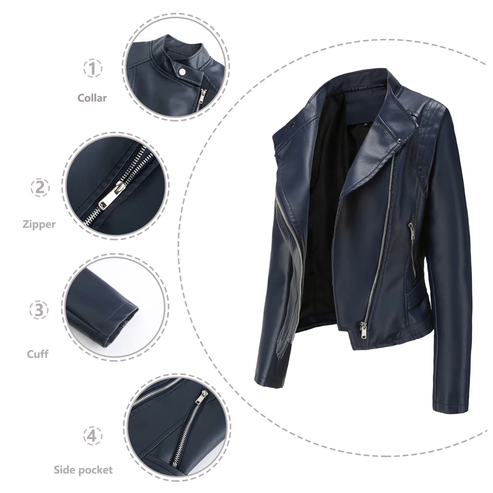 

Женская кожаная мотоциклетная куртка, однотонная приталенная куртка с отложным воротником, карманами на молнии и длинным рукавом, Байкерск...