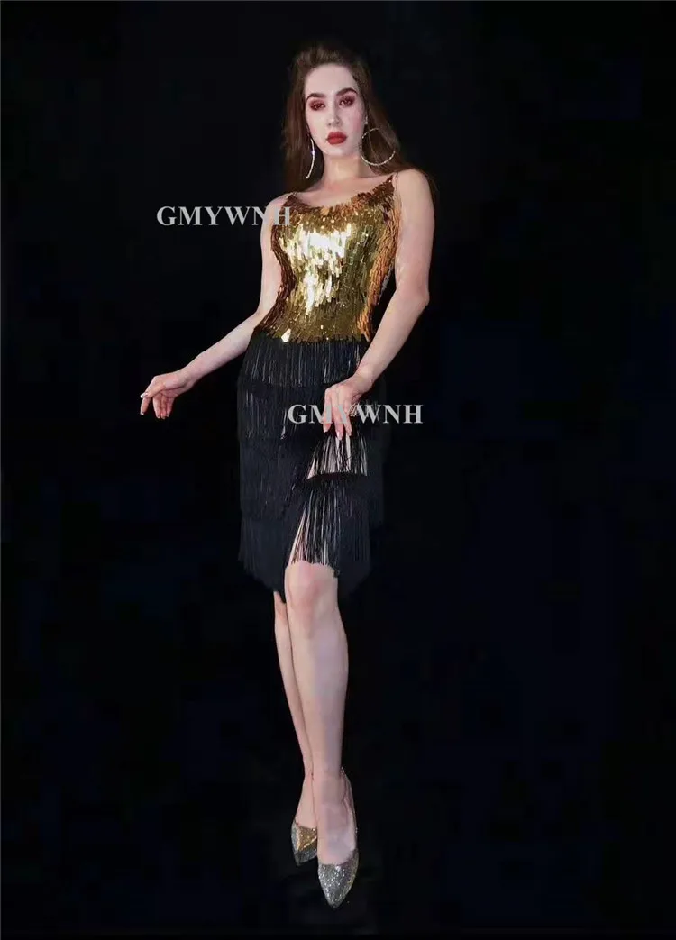 Костюм для бальных танцев A31 платье с кисточками певицы золотистая юбка