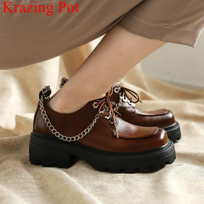 

Krazing Pot genuine leather square toe chain high heels lace up summer casual shoes classics loafers concise women pumps l9f3