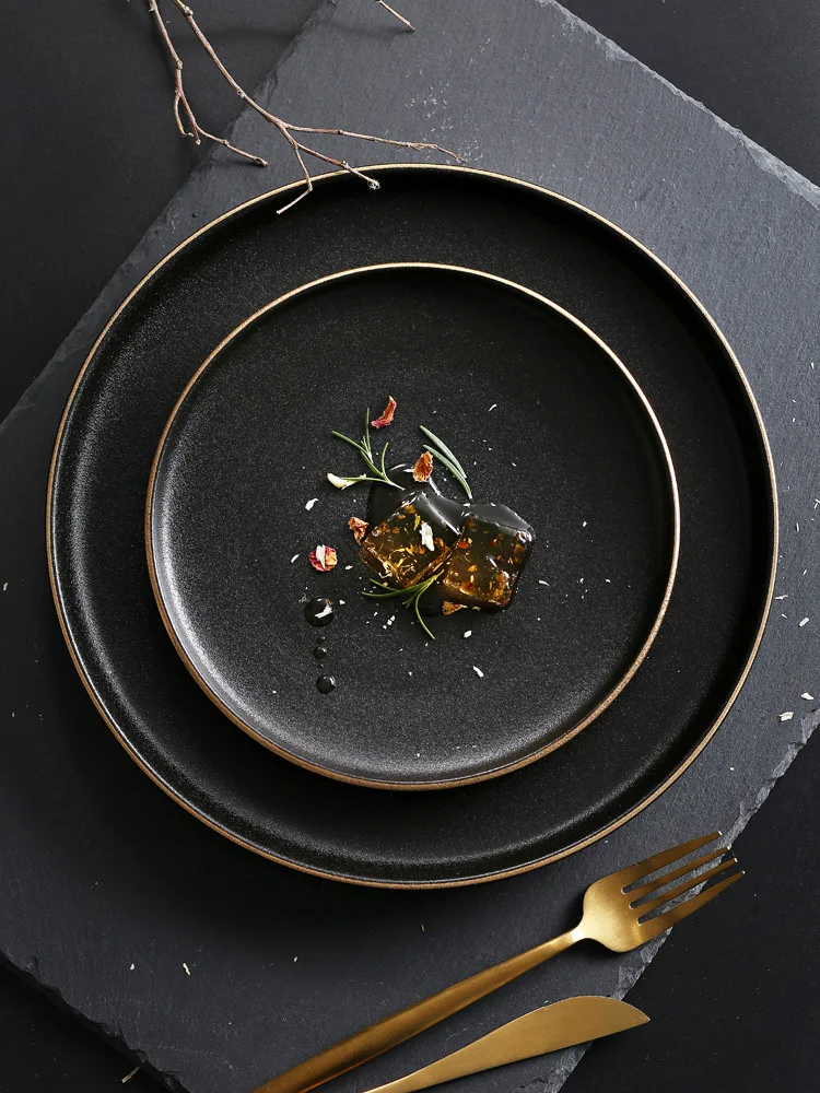 

8/10 дюймовая керамическая посуда, черная матовая Золотая тарелка в западном стиле, тарелка для стейка, домашняя обеденная тарелка для отеля, ...