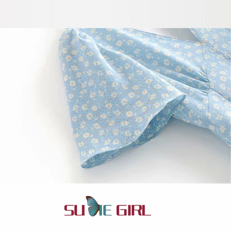 

SUDIE Girl Summer new style V-neck retro A-line dress, daisy polka dot print short sleeve dress