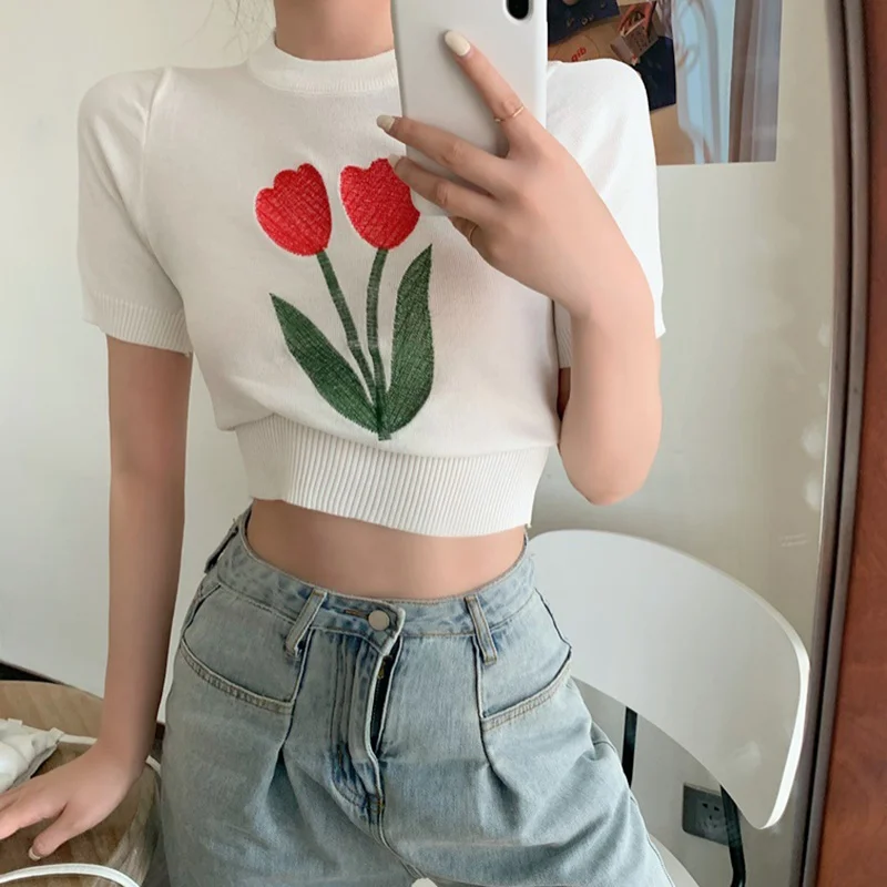 Летняя женская футболка одежда топы с принтом букета вязаная коротким