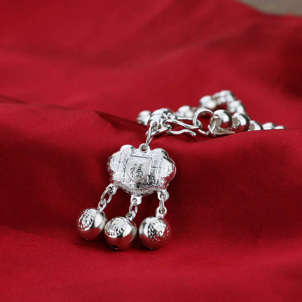 

Hot sale! 925 Sterling Silver Round Beads Bracelet For Women Exquisite Long Life Lock Pendant Bracelet New Fashion Design