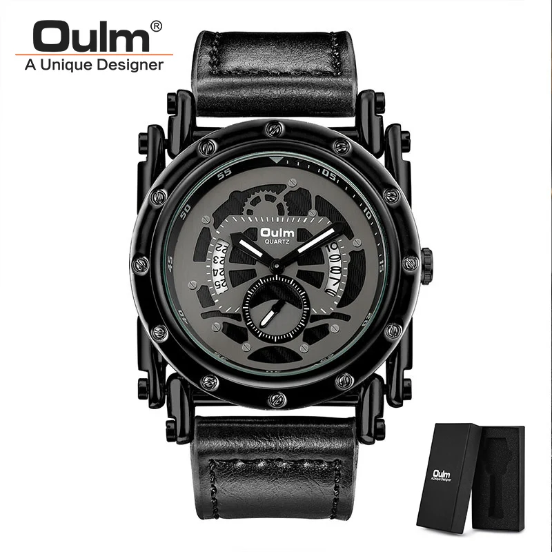 black(with box) Oulm крутые Панк мужские часы роскошные кожаные кварцевые мужские часы водонепроницаемые спортивные Ретро Модные золотые черные часы дропшиппинг - Цвет: black(with box)