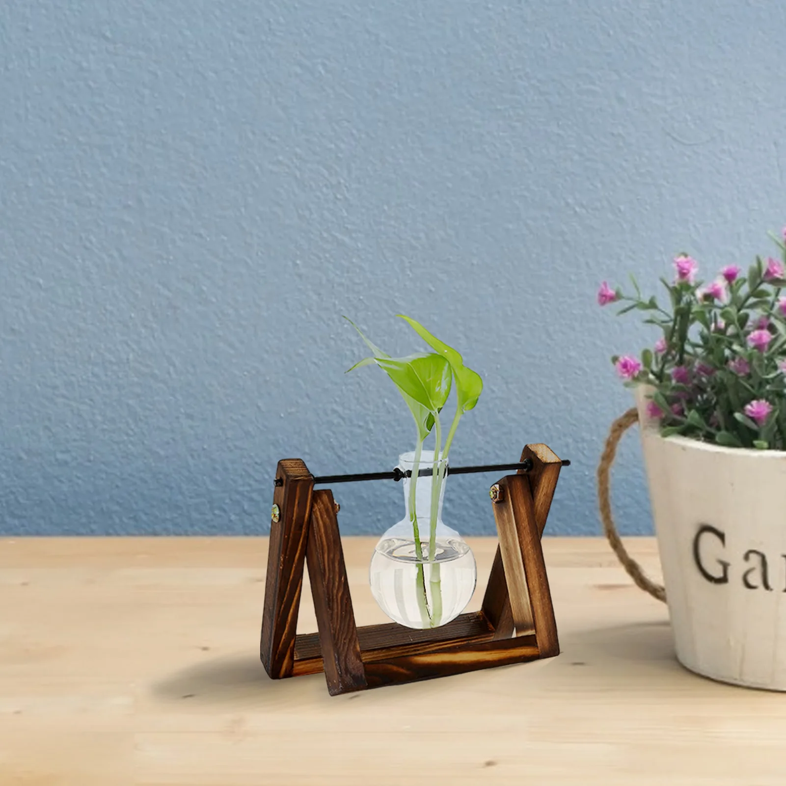 

Glass and Wood Vase Planter Terrarium Table Desktop Hydroponics Plant Bonsai Flower Pot Hanging Pots with Wooden Tray Home Decor