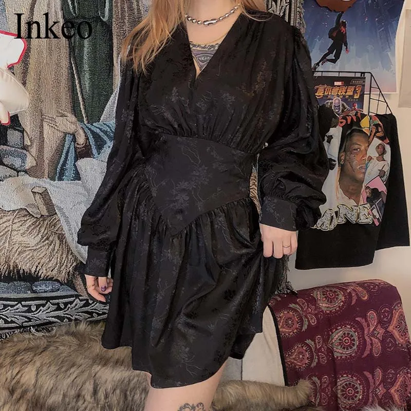 Женское ТРАПЕЦИЕВИДНОЕ ПЛАТЬЕ с винтажным принтом Черное мини платье рукавами