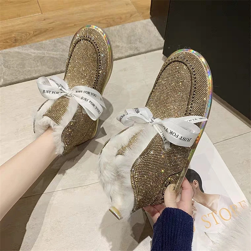 Зимние сапоги женские меховые универсальные зима 2021 новые Стразы с бантом