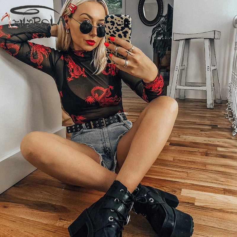 Imily сексуальный сетчатый женский боди с длинным рукавом и стоячим воротником