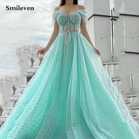 smileven mint green polka dots tulle evening dress party gowns robe de soiree off the shoulder formal prom dresses