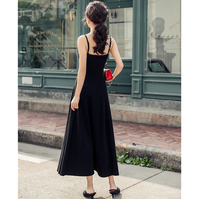 Платье женское длинное с разрезом пикантный Ретро сарафан на бретелях-спагетти