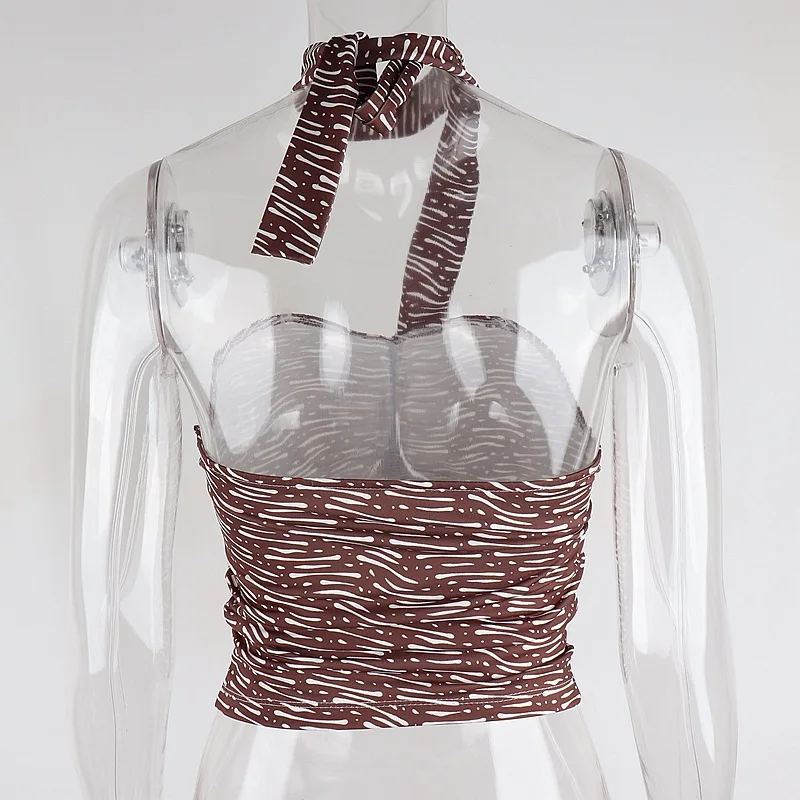

OneLineFox Print Halter Top Woman Ruched Patchwork Backless Sexy Cami Ladies Fashion Mini Top Summer Bustier Chic Streetwear