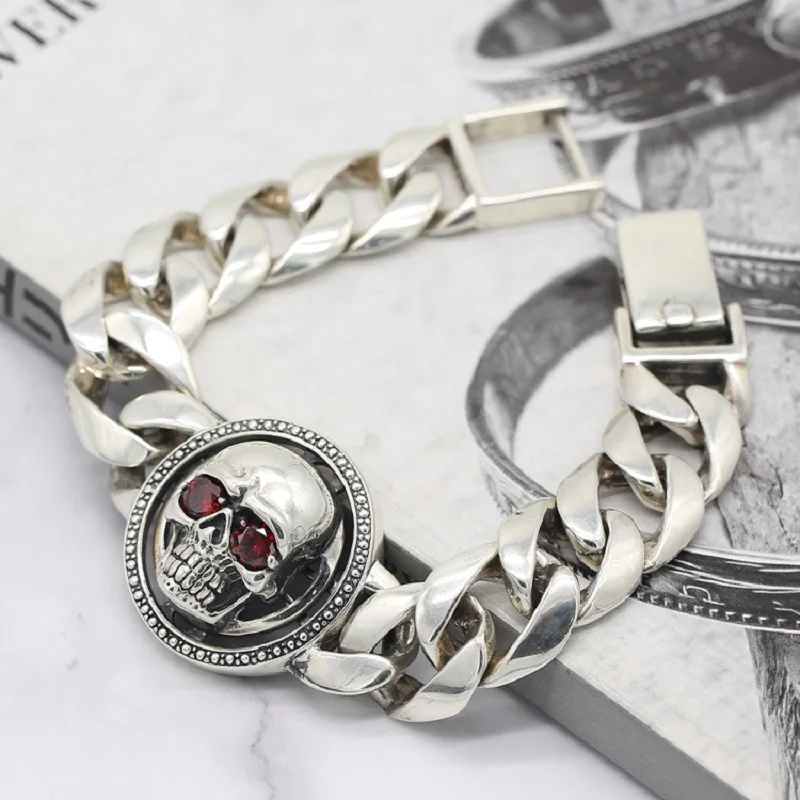 

S925 Sterling Silver Personality Bracelet Domineering Rotatable Skull Thick Horsewhip-Chain Pure Argentum Bangle Men Jewelry