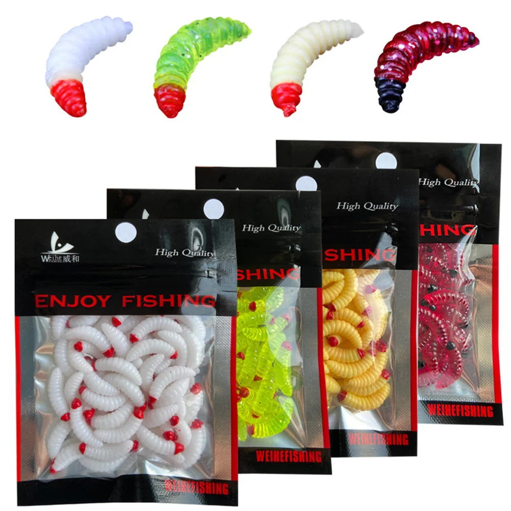 50Pcs/Bag Fishing Lures Plastic Soft Bait Artificial Maggot Grub Soft Fishing Lure Hooks Smell Worms Glow Shrimps Fish Lures