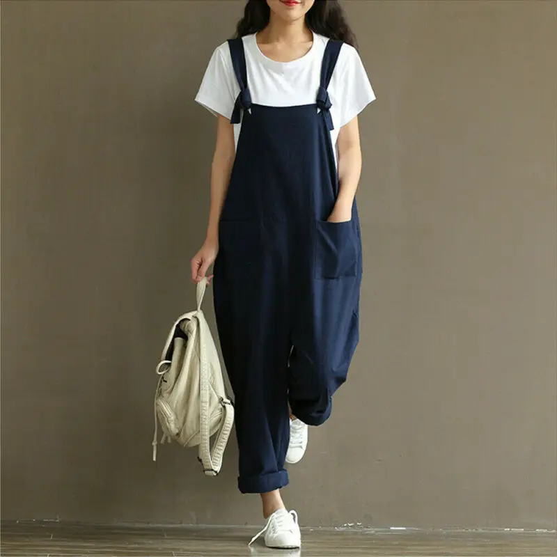 HOT Fashion Women Girls Loose Solid Jumpsuit Strap Dungaree Harem Trousers Ladies Overall Pants Casual Playsuits Plus Size M-3XL