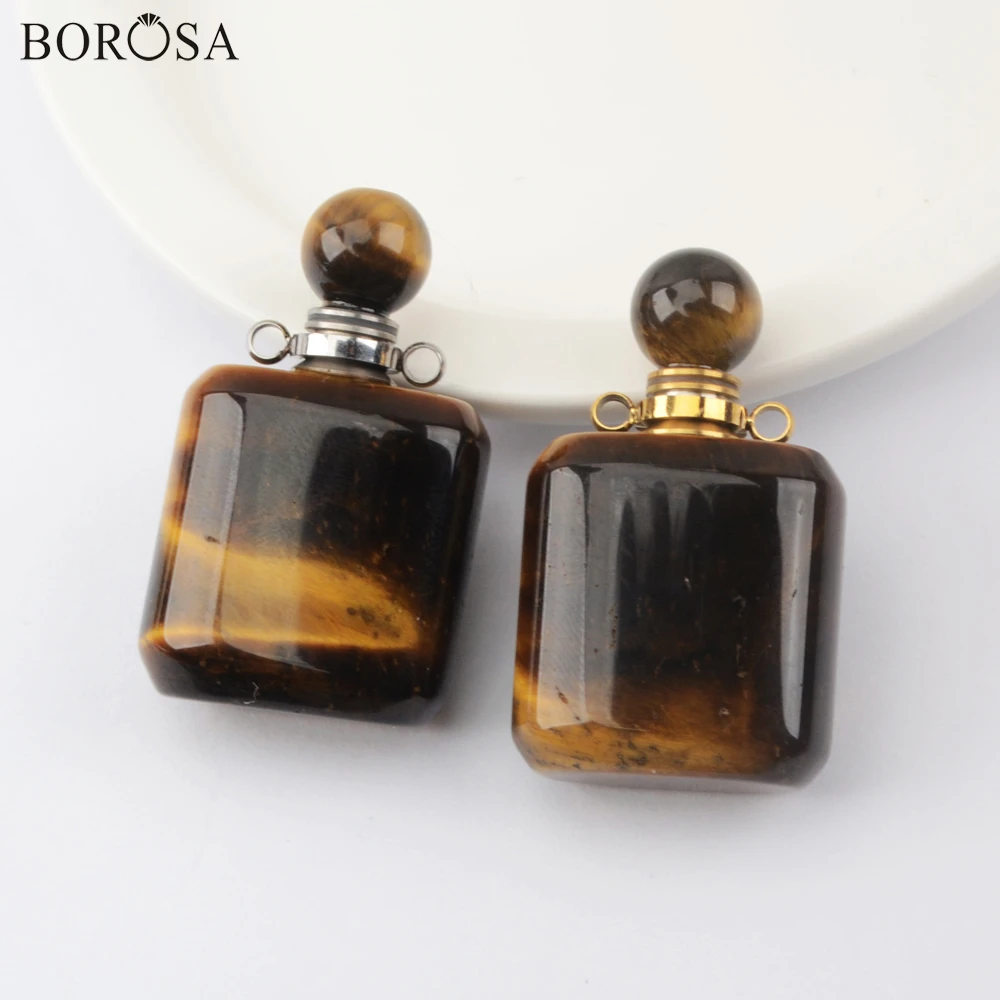 

BOROSA 3/5Pcs Square Tiger Eye Perfume Bottle Connector for Necklace Women Natural Stone Essential Oil Diffuser Pendant WX1504