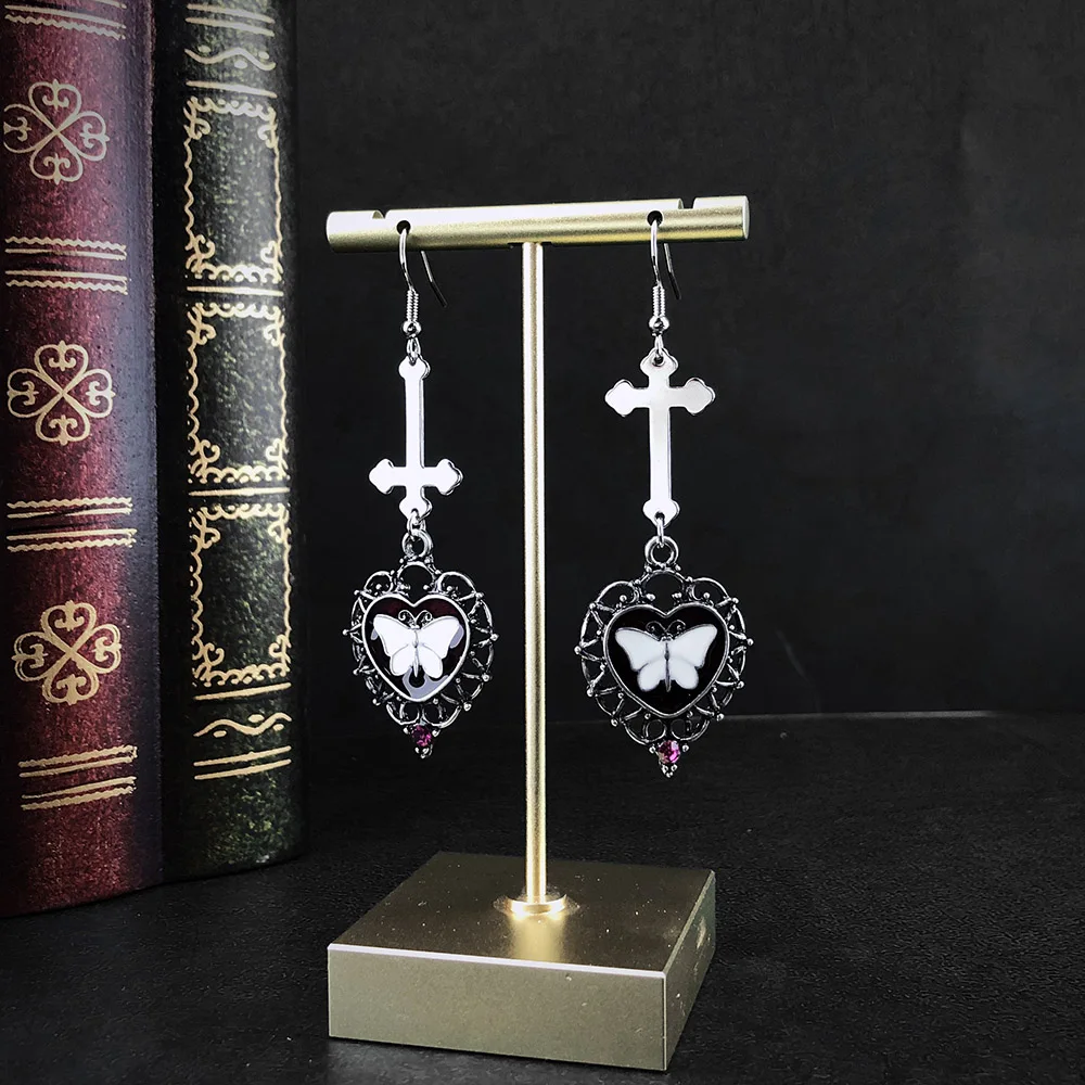 Женские и мужские серьги-бабочки в стиле готического панк с крестом сердцем