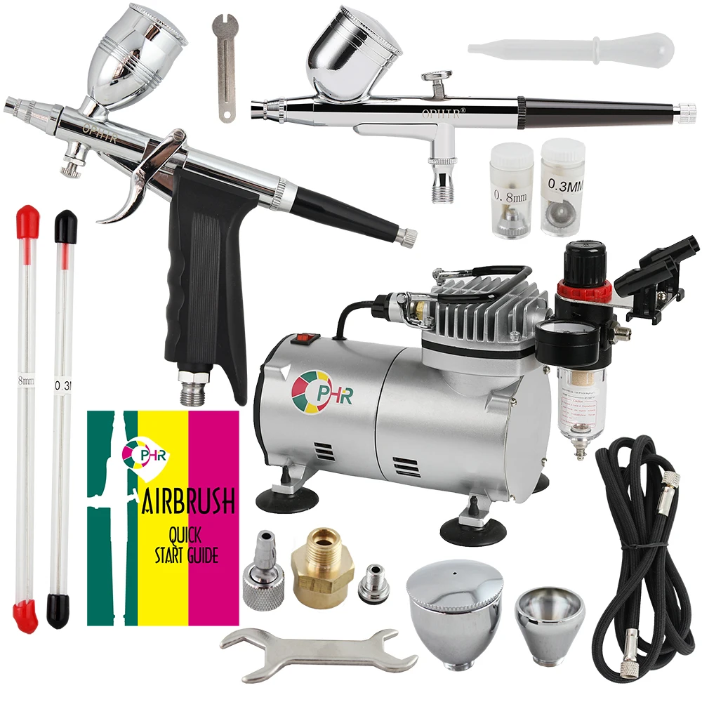 OPHIR 110V,220V 2 Double Action Airbrush & Compressor Kit Set Spray Gun Air Brush for Tattoo Nail Art Makeup Set_AC089+004+069