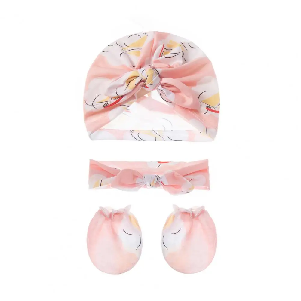 

New Baby Headband Cap Gloves Cute Print Decorative Skin Friendly Infant Bow Hair Band Beanie Scratch Mittens Kit for Photography