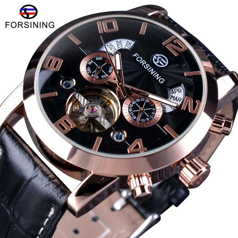 GMT373-4 Forsining Tourbillion модные волны черный золотой часы многофункциональный дисплей Мужские автоматические механические часы лучший бренд класса люкс - Цвет: GMT373-4