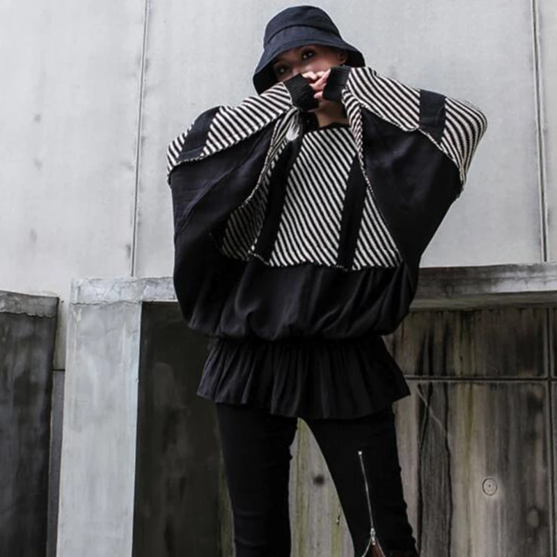 Женская рубашка в полоску с круглым вырезом и рукавом летучая мышь|Блузки| |