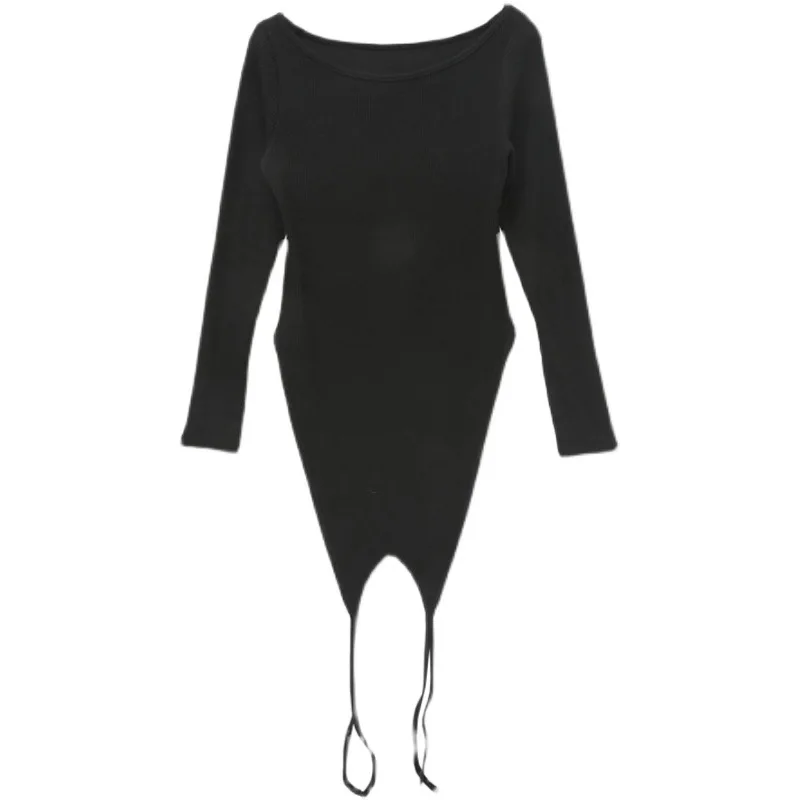 

SuperAen Korean Spring Streetwear Long Sleeve Off-the-shoulder Solid Color Tops with Long Loose Women's Tops