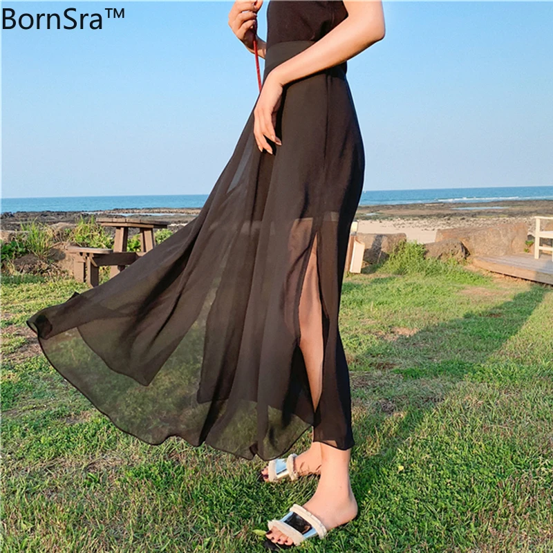 

BornSra 2020 Spring Vintage Chiffon A-line Skirts with Lining Summer High Waist Side Split Floral Print Skirts for Women Femme