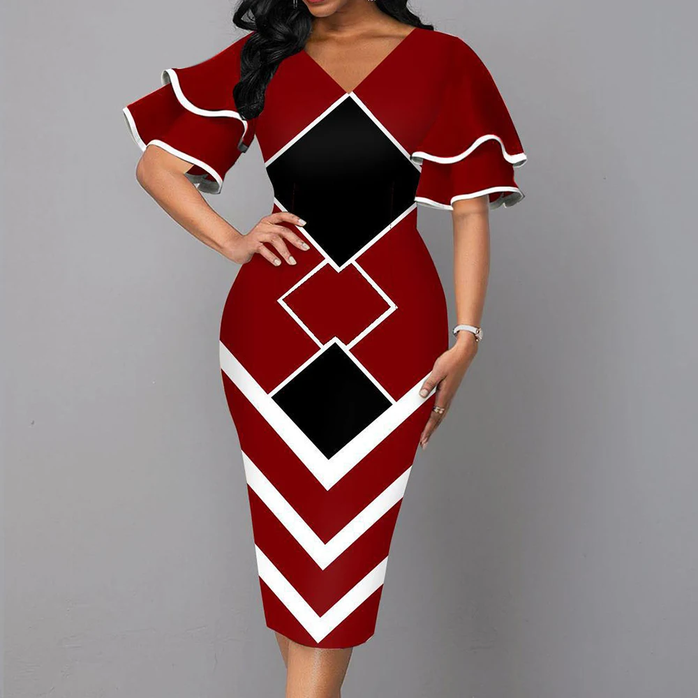 

Elegant Bodycon Dresses Women Sexy 2021 V-neck Color Block Geometric Printed Woman Fashion Ladylike Female Midi Formal Dress