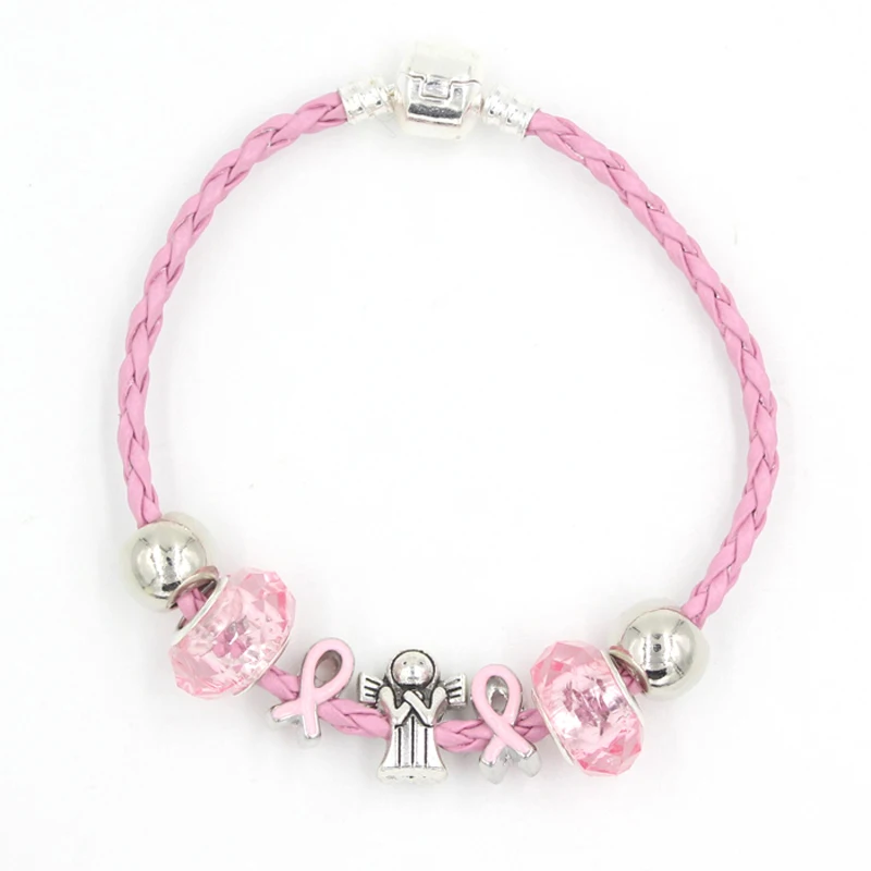 

6PCS Newest Breast Cancer Awareness Jewelry, European Bead Pink Ribbon Cancer Bracelet Angel Pink Ribbon Bracelets