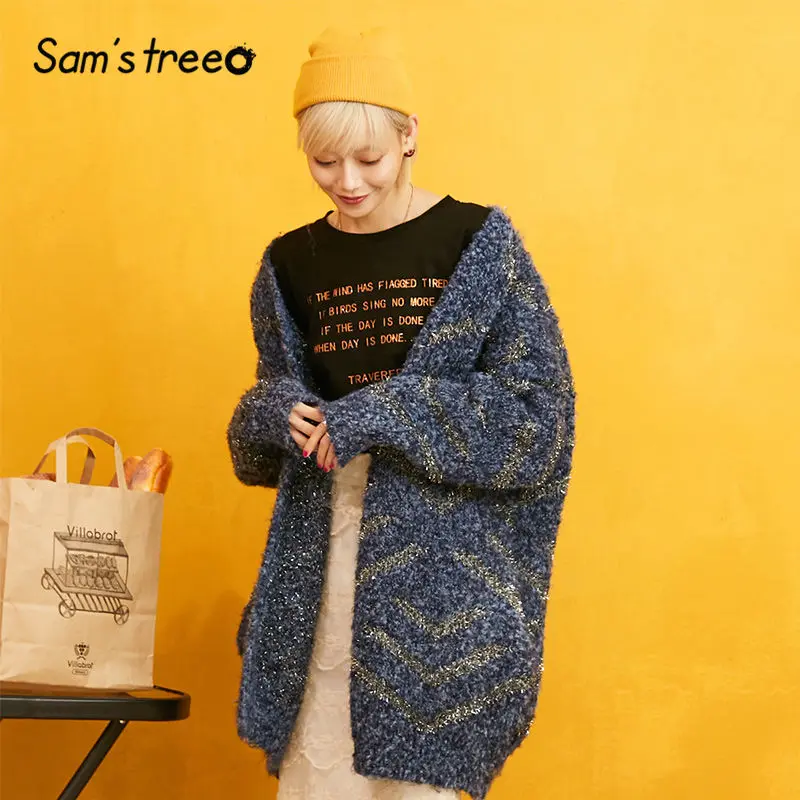 SAM'S TREE синий лоскутный Золотой Шелковый женский свитер кардиган зима широкий рукав трикотажные повседневные женские свитера