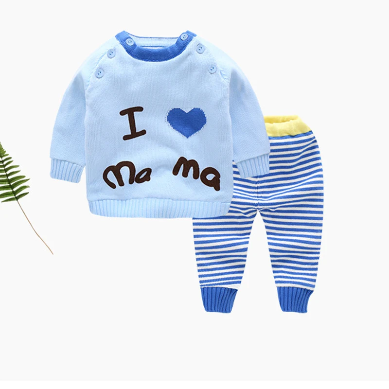 blue love mama Комплект из 2 предметов, Детский кардиган, Детский свитер, комплект, маленький Хлопковый вязаный свитер, пуловер свитер для мальчиков+ штаны, костюм комплект одежды для новорожденных - Цвет: blue love mama
