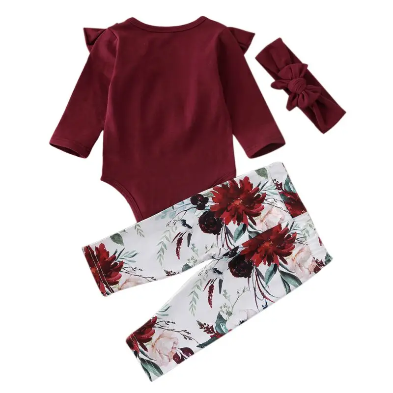 

0-2T Autumn Spring Baby Girls Clothing Set Long Sleeve T-Shirt + Floral Print Trousers + HairBand 3Pcs Sets