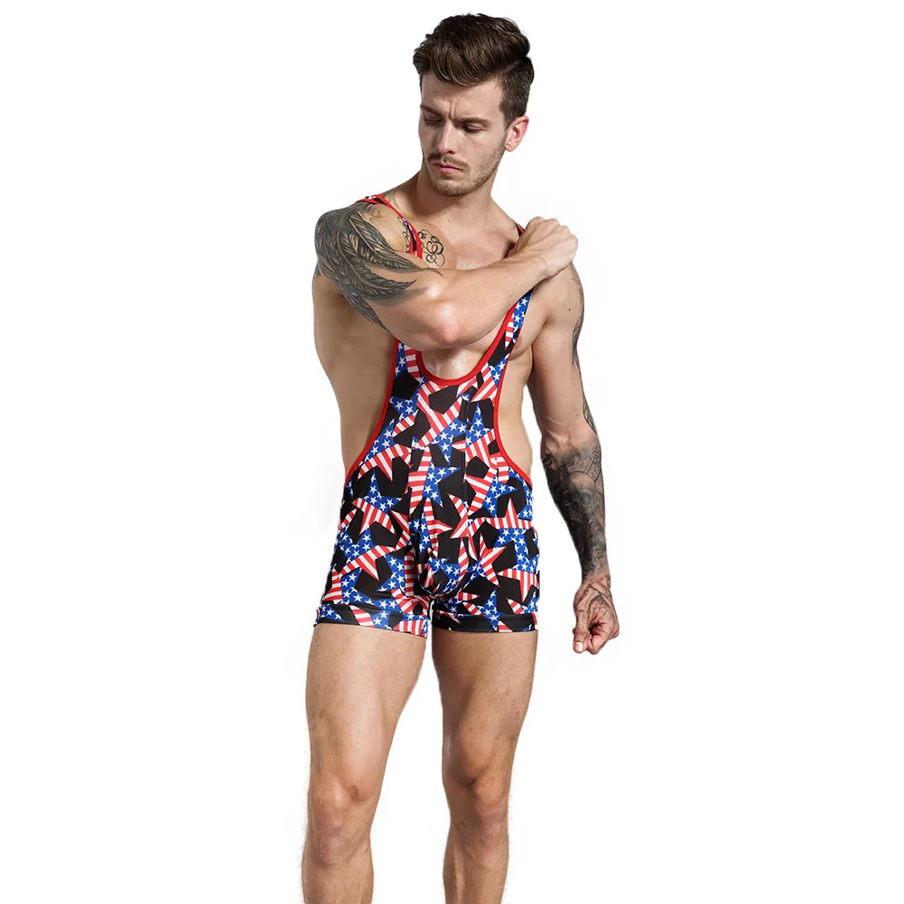 

The new men's lingerie swimming cloth United States flag printed high waist suspenders men's wrestling jumpsuit FR011