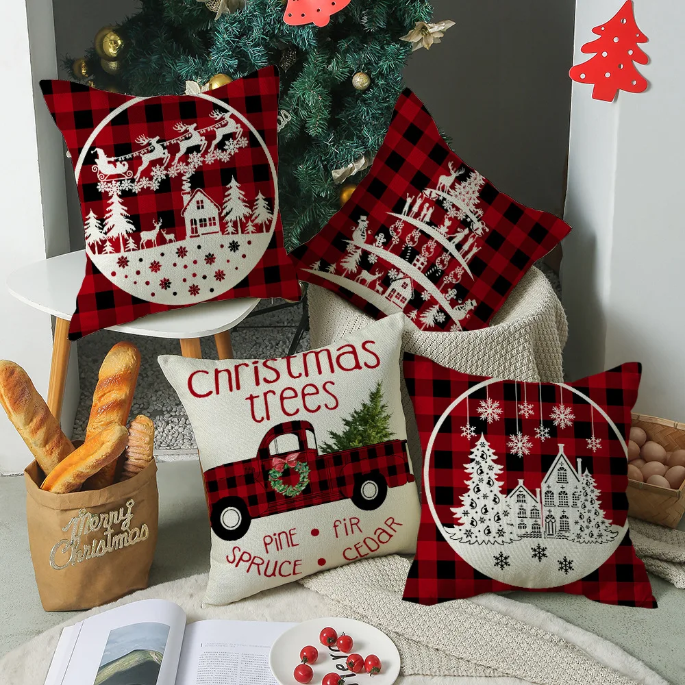 

Red and black Christmas pillowcase linen-printed Christmas Moose Sleigh pillow sofa pillow cover halloween pillow