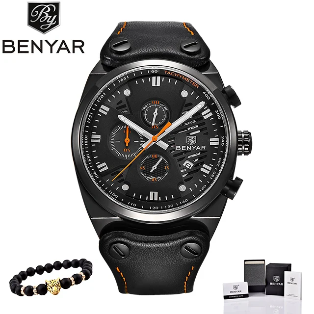 L-black orange Benyar часы мужские роскошные Топ бренд мужские s водонепроницаемые часы мужские спортивные наручные часы Мужские часы с кожаным ремешком Relogio Masculino - Цвет: L-black orange