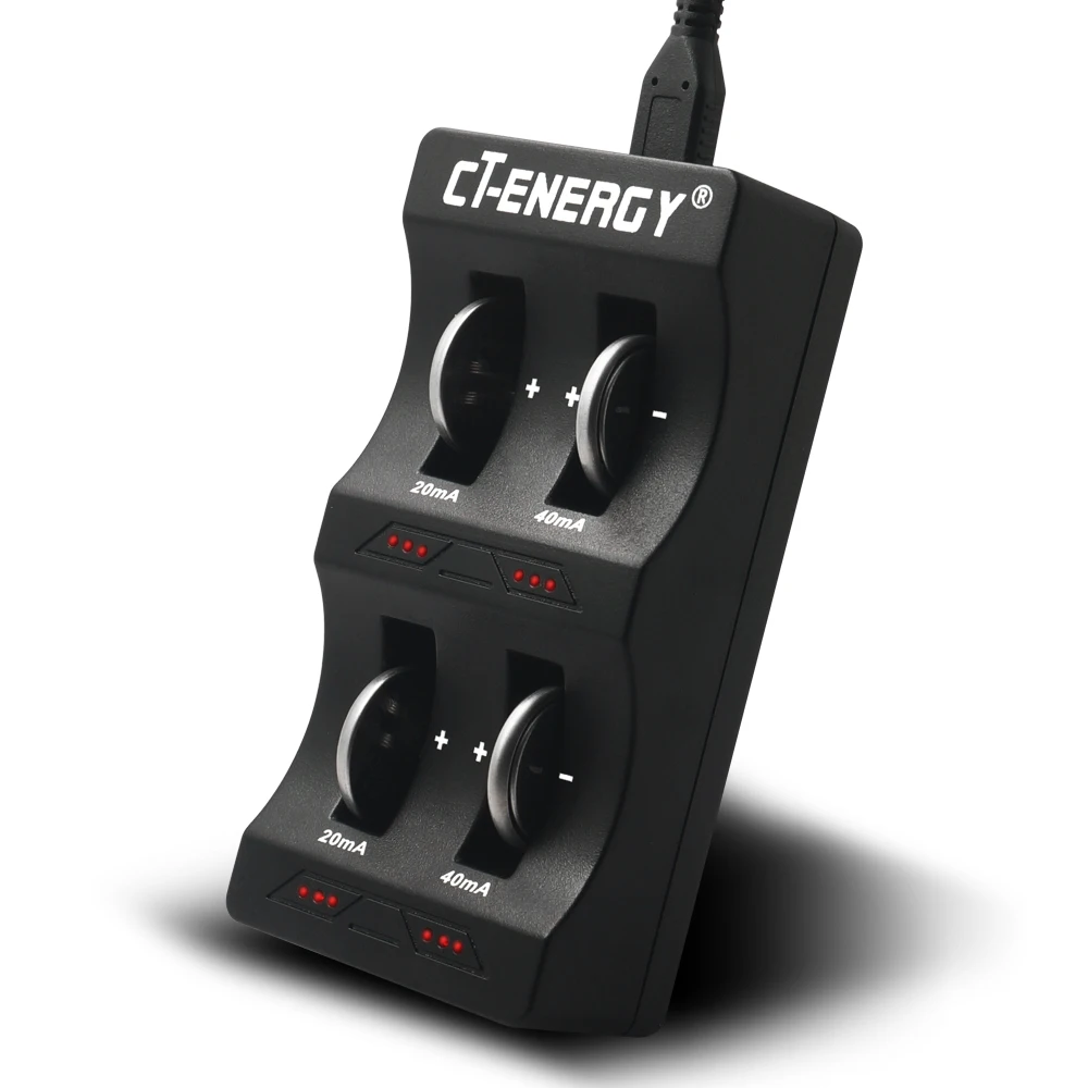 Кнопочный аккумулятор lir2032 зарядное устройство CT-Energy 4 слота USB интерфейс для аккумуляторов LIR2032/LIR2450