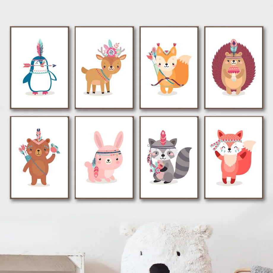 Милый пингвин белка кролик лиса мультфильм Животные настенная Картина на холсте