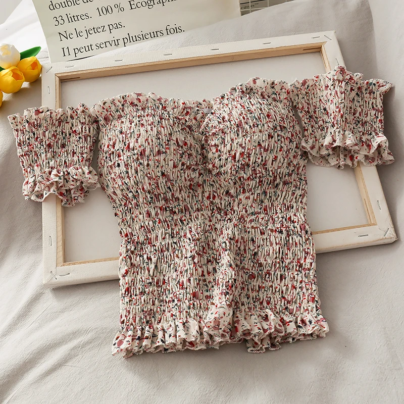 Pearl Diary Women Disty Floral Top Off Shoulder Crop Top Smocked Floral Print Vintage Top Ruched Elastic Skinny Top For Women