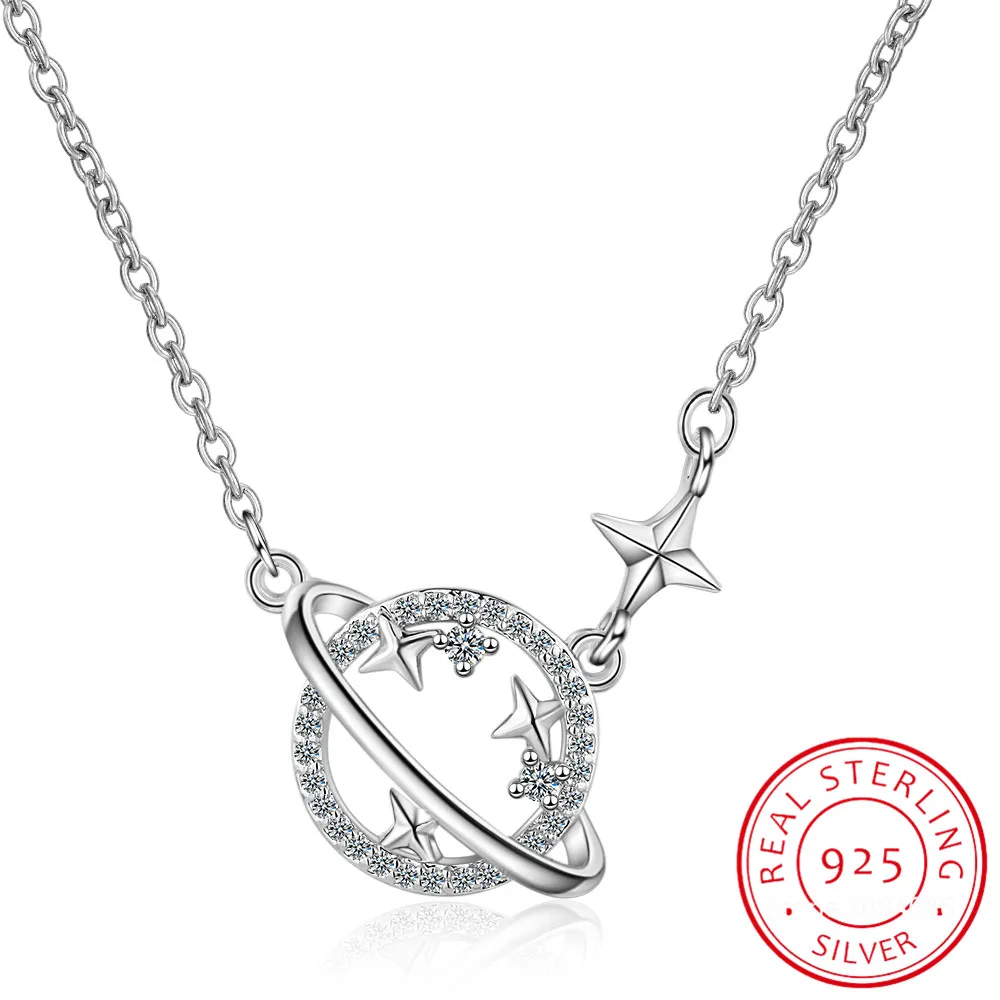 

Fashion 925 Sterling Silver Jewelry Sweet Dream Planet Star Clavicle Chain Necklaces Cubic Zircon Necklace For Women Gift