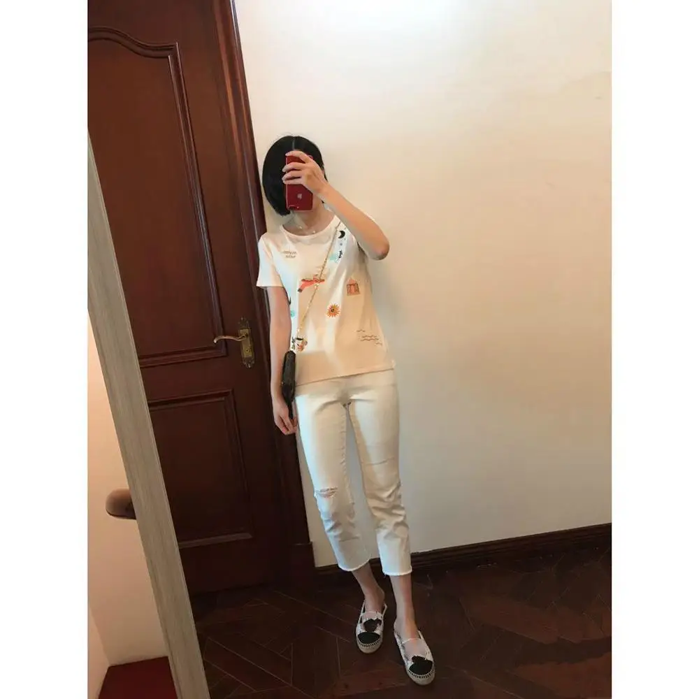 Женская футболка с коротким рукавом и вышивкой в виде розовых цветов птиц лето 2019