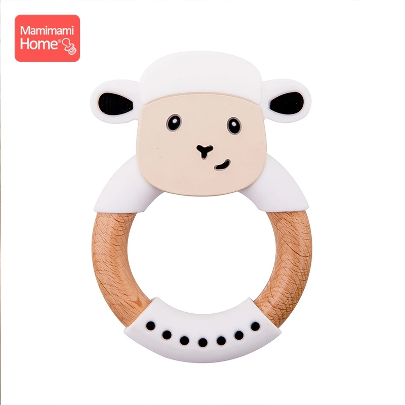 White sheep ring Mamihome Baby Wooden Teether Animal Ring Silicone Rodent Beech Wooden Blank Rabbit Ears baby products Toys Pacifier Pendant Gift - Цвет: White sheep ring