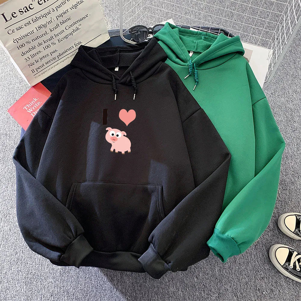 I Love Pig Graphic Hoodies Women Cartoon Print Oversized Harajuku Sweatshirt Long Sleeve Hoodie with Pocket Sweetshirt for Girls