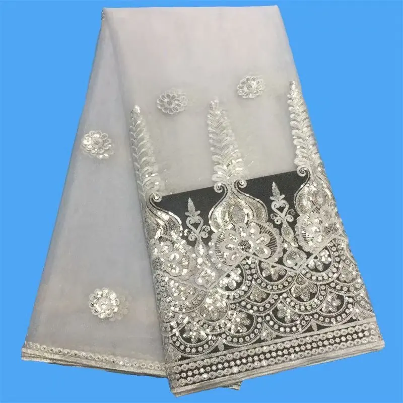 Кружевная ткань с золотыми блестками белое французское кружево высокого