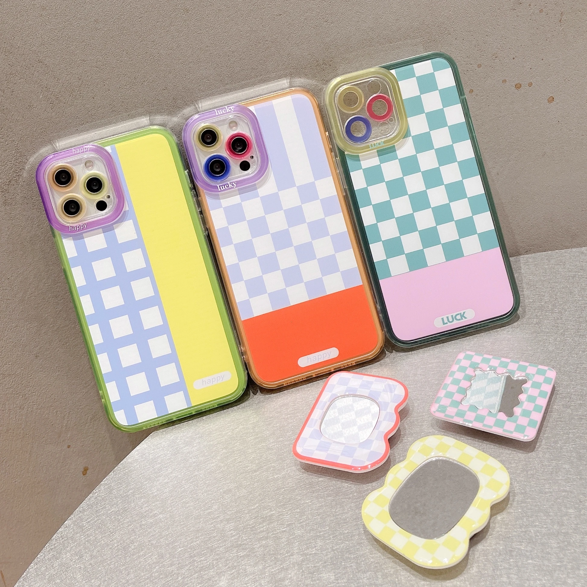 

Japan Korean Checkerboard Lattice Mirror Bracket Soft Case for IPhone 7 8 Puls X XR XS 11 12 Pro Max Lovely Protection Back Cove