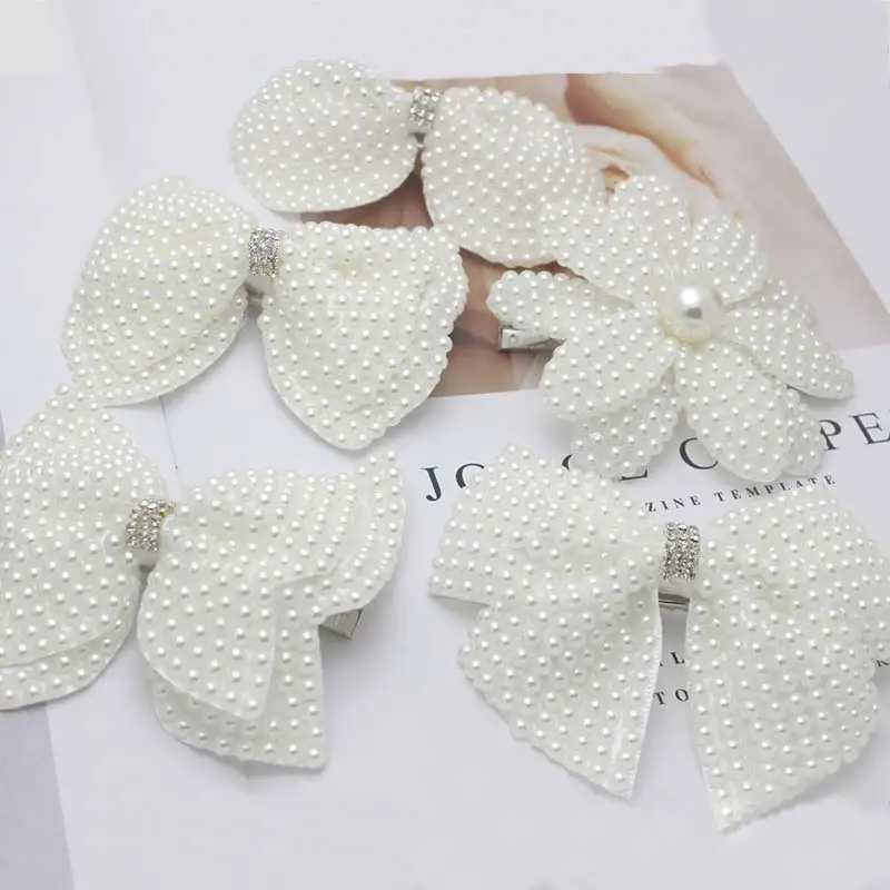 

White Pearl Hair Bows Hair Clips for Girls Kids Layers Shiny Rhinestones Center Bows Hair Accessories 1 piece